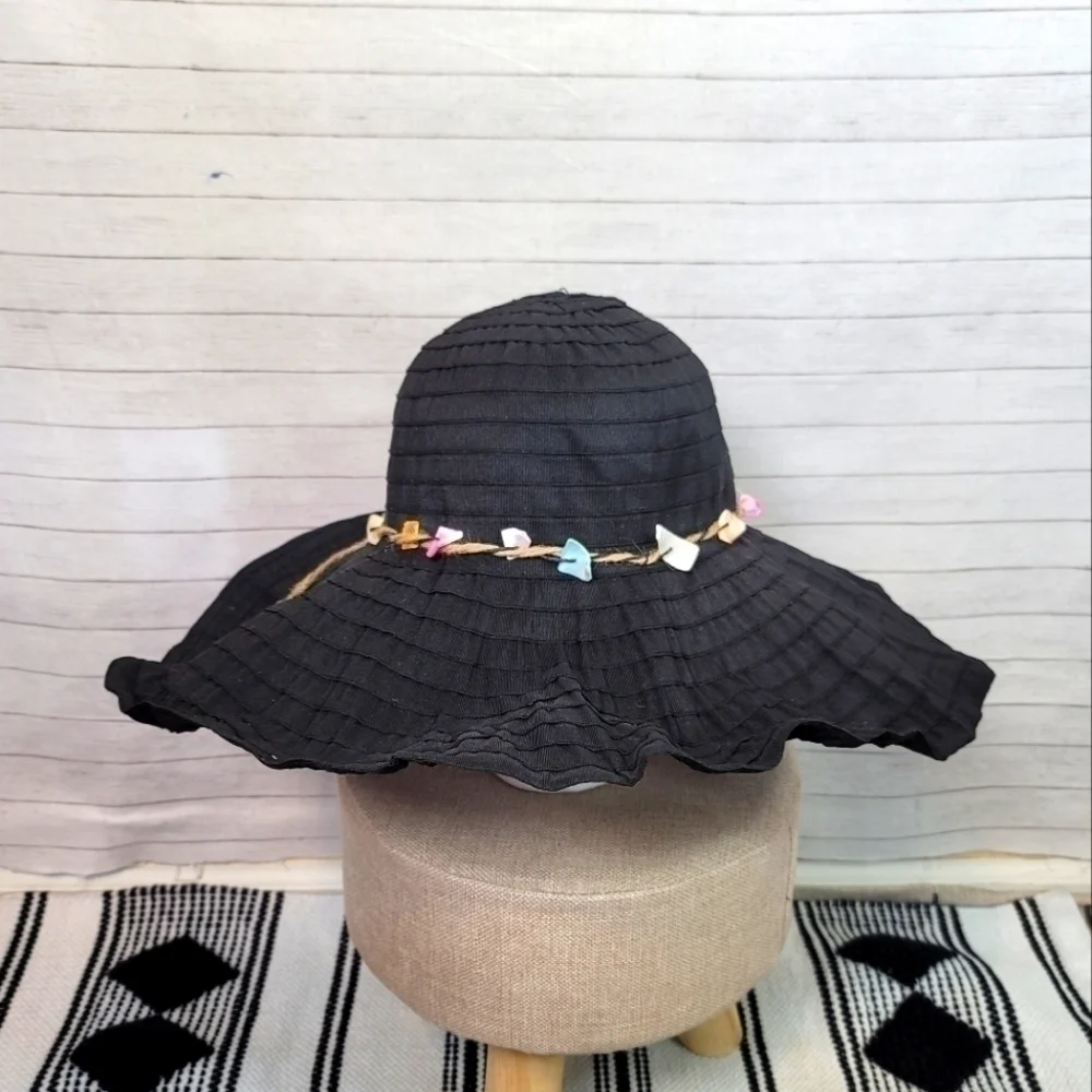PANAMA JACK WIDE BRIM CRUSHABLE BLACK HAT, W REAL SEASHELL TRIM DETAIL